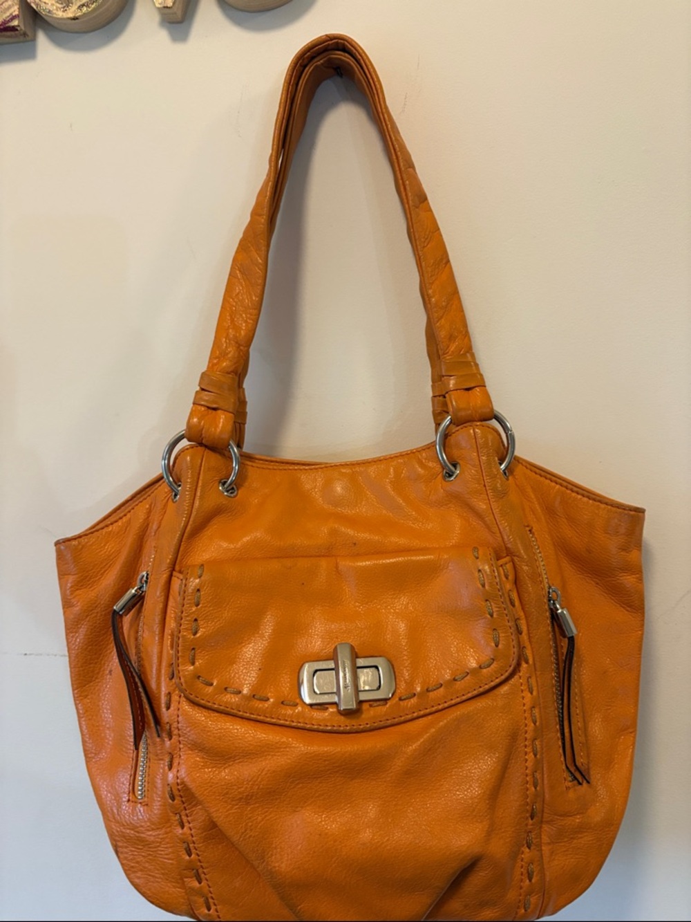 b. makowsky Orange Leather Shoulder Tote